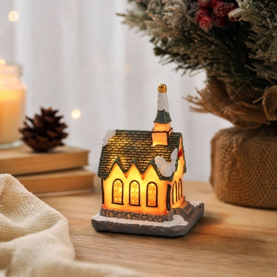 Light‑Up Resin Christmas Village House Figurine, LED Illuminated Winter Cottage Statue For Christmas Tabletop Home Decor