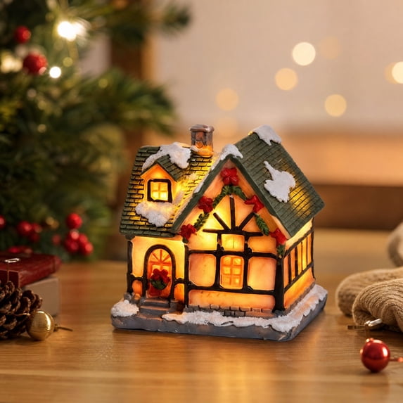 Light‑Up Resin Christmas Village House Figurine, LED Illuminated Winter Cottage Statue For Christmas Tabletop Home Decor