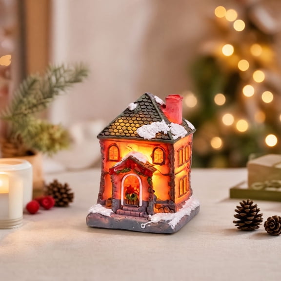 Light‑Up Resin Christmas Village House Figurine, LED Illuminated Winter Cottage Statue For Christmas Tabletop Home Decor