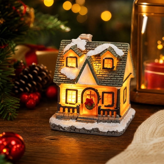 Light‑Up Resin Christmas Village House Figurine, LED Illuminated Winter Cottage Statue For Christmas Tabletop Home Decor