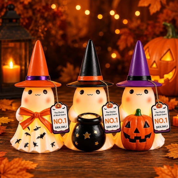 Light-Up Resin Ghost Figurines, Halloween Table Decorations for Home, Cute Indoor Desk Ornaments