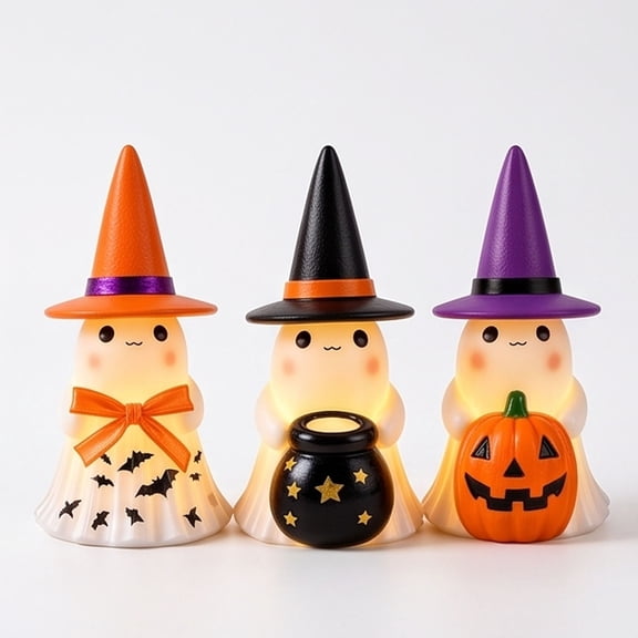Light-Up Resin Ghost Halloween Decor Decorations Cute Indoor | Blow Mold Table Figurines Desk Home Room Decoration Office Gifts Kitchen Skeleton Spooky Gohst Witch Pumpkin Figurine(ALL)