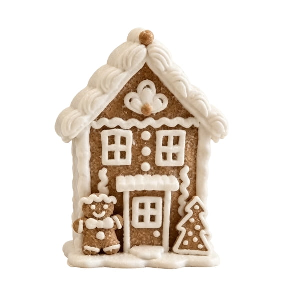 Light-Up Resin Gingerbread Village House Christmas Decoration, Brown & White Clay Dough Style Tabletop Ornament, Illuminated Holiday Home Decor