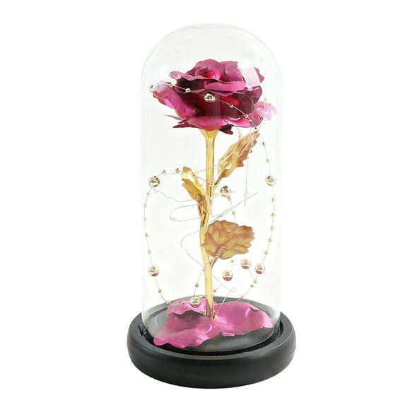 Light Up Rose in Glass Dome - LED Metallic Foil Rose Lamp with Warm Glow, Decorative Night Light for Home Decor, Gift for Anniversary Valentine's Day