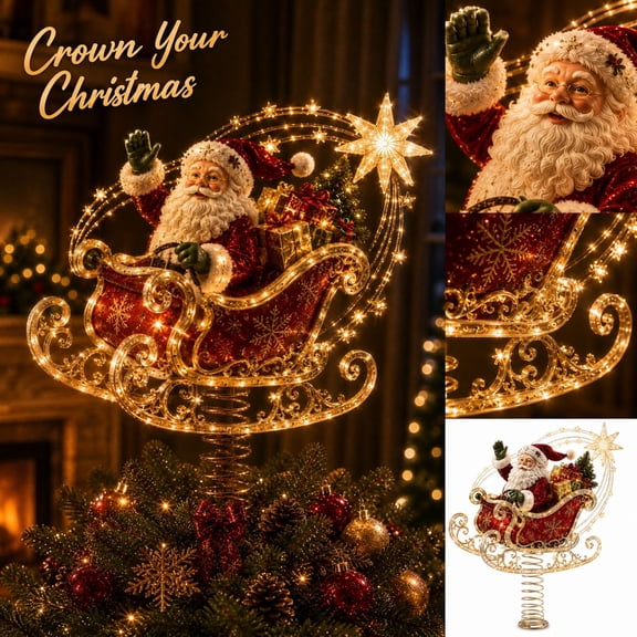 Light Up Santa Claus Sleigh with Spring Base and Glowing Star, Red and Gold, for Indoor Table Centerpiece, Christmas Decoration