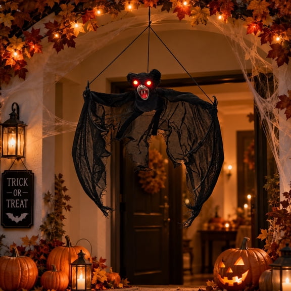 Light Up Scary Hanging Bat Prop with LED Red Eyes, Tattered Mesh Wings Halloween Decor for Yard & Entryway