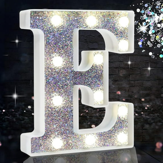 Light Up Silver Letters, LED Marquee Letter Sign Battery Powered for Night Light Girls Gifts Birthday Wedding Home Bar Christmas Decor, Letter E