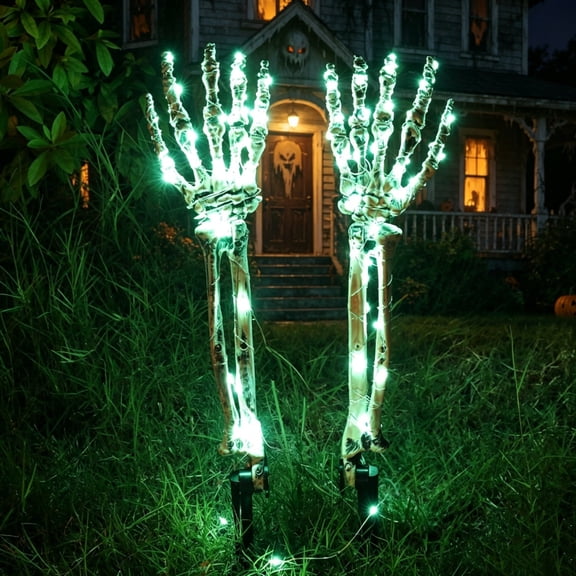 Light Up Skeleton Hand Yard Stakes Set of 2 18.1 Inch - Glowing LED Bone Ground Insert Decor for Halloween Lawn, Garden, Porch, Night Scene Display
