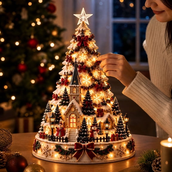 Light Up Snowy Christmas Village Tree Tabletop Statue Illuminated Houses Street Lamps Snowmen for Indoor Holiday Mantel Decoration