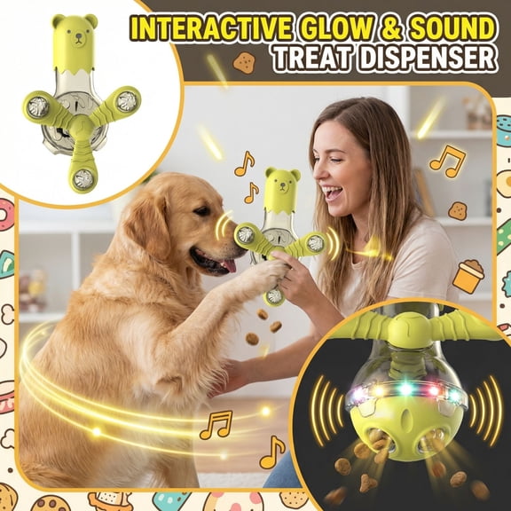 Light-Up Sound Making Rotating Treat Dispenser Toy – Multifunctional Leaky Feeder for Cats and Dogs,Yellow