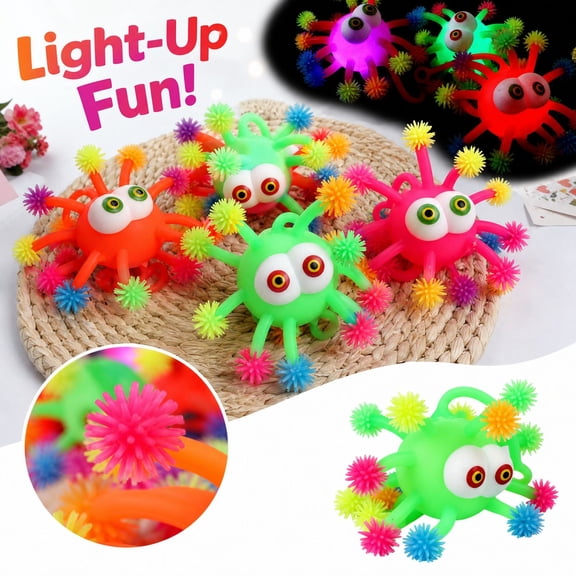 Light-Up Stretchy Spiky Ball Toy with Pull String and Glowing Eyes, 1 Piece, Assorted Random Colors, for Kids And, Sensory Squeeze Toy