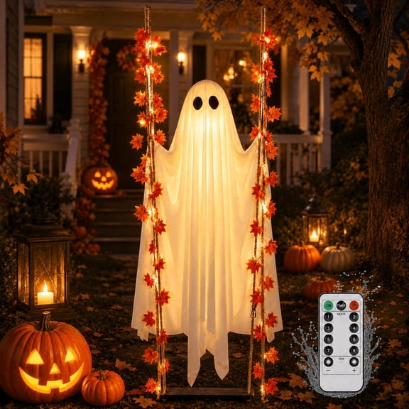 Light Up Swinging Ghost Halloween Decoration, Animated LED Outdoor Decor