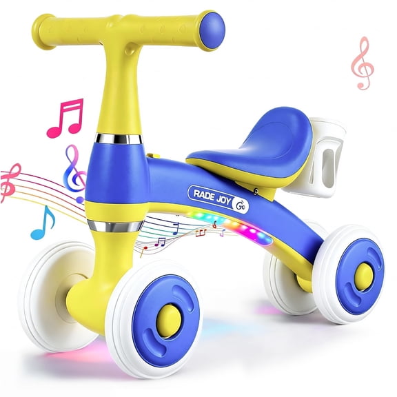 Light-Up Toddler Balance Bike with Music 4-Wheel Adjustable Baby Walker for 1-3 Yr Girls & Boys First Birthday Balance Bike Gift, Blue