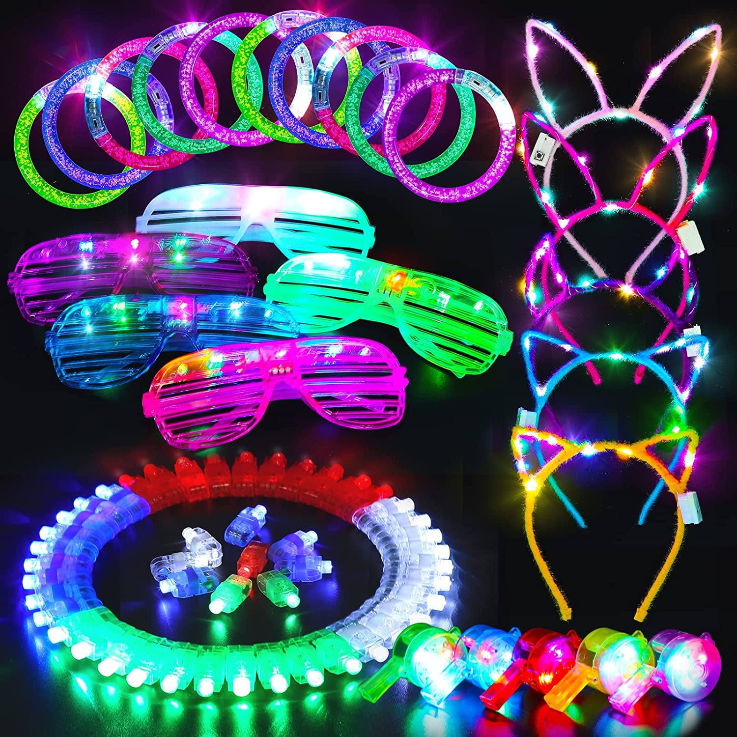 Light Up Toys Glow Party Supplies - 65 Pack LED New Year Birthday Party  Favors Stuffers Accessories for Kids Adults, 5 Light Up Glasses 10  Bracelets 5 Flashing Headbands 5 Necklaces 40 Finger Lights 