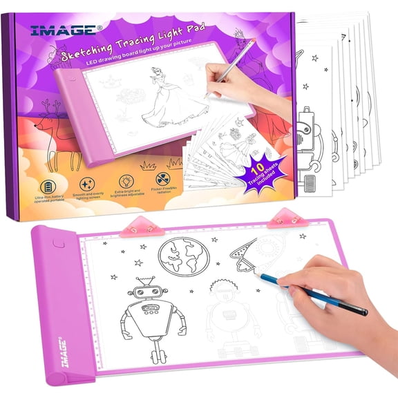 Light Up Tracing Pad Pink Drawing Tablet Coloring Board for Kids Children to for Girls Boy (Includes 10 Traceable Sheets and Two Clips)