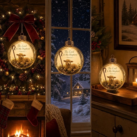 Light Up Transparent Christmas Ornament Ball,Little Lamb Design Hanging Bauble With Built-in LED Lights,Christmas Tree Mantel Window Decor,C