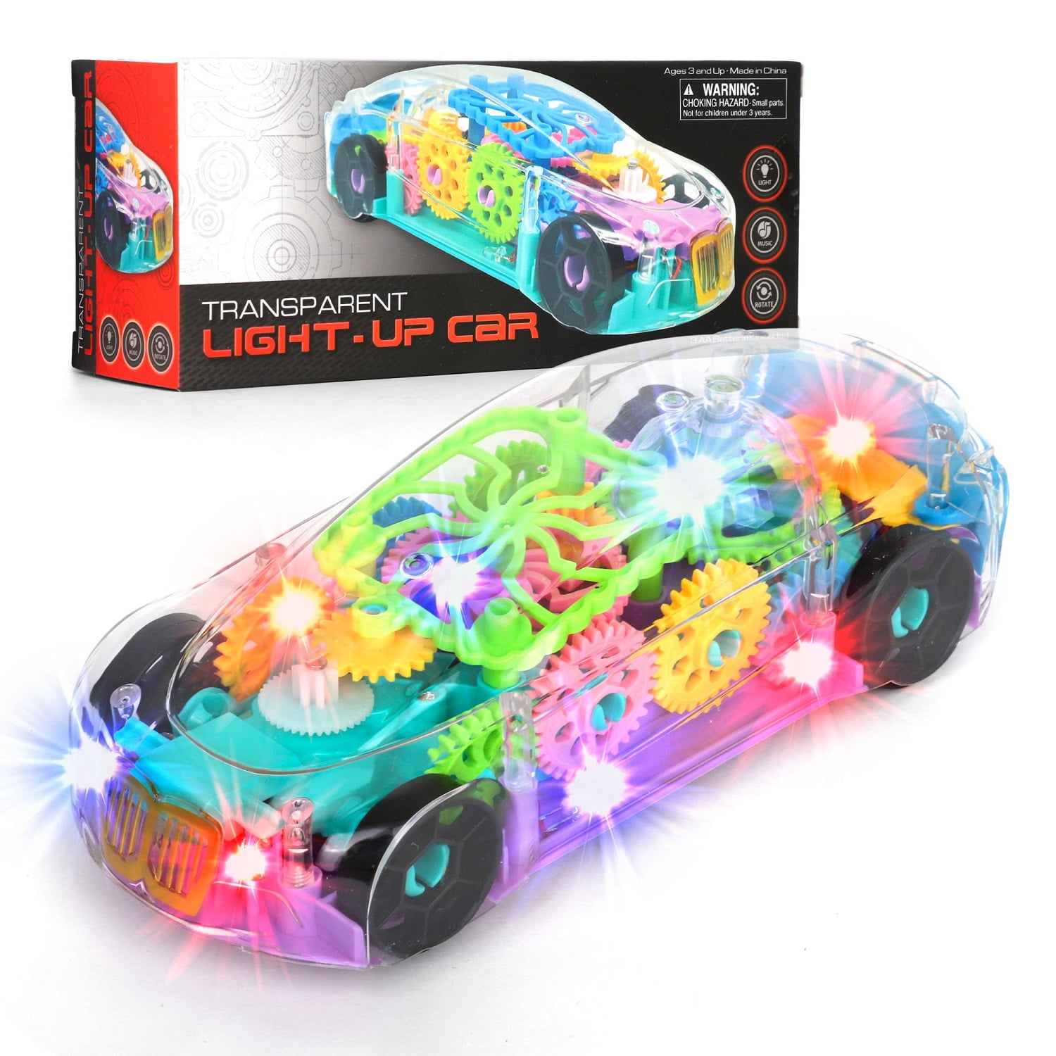 Light Up Transparent Toy Car Bump and Go Moving Gears Light Up Baby