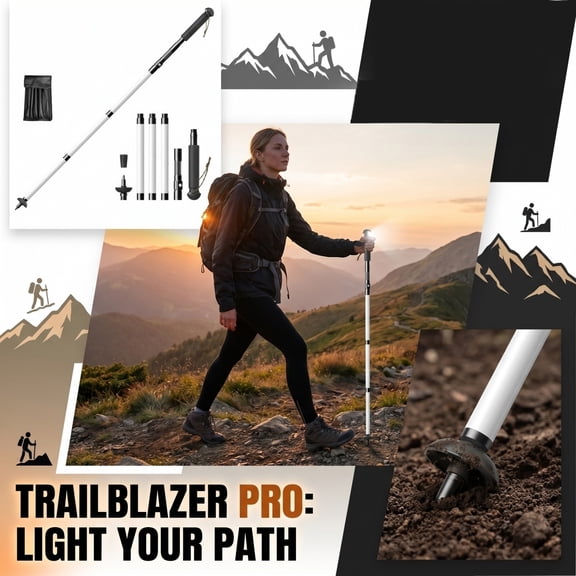 Light-Up Trekking Poles, Foldable Portable Rechargeable Illuminated Walking Sticks with LED Lights for Night Hiking