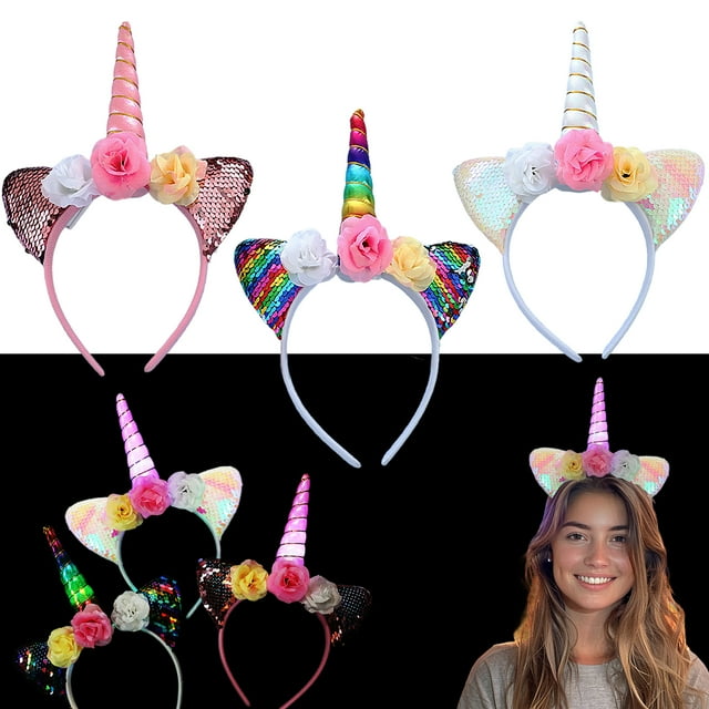 Light Up Unicorn Headband 4 PCS with Blink Ears, Flowers & Magical
