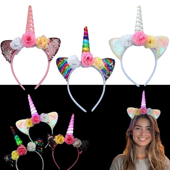 Light Up Unicorn Headband 4 PCS with Blink Ears, Flowers & Magical Color LED Horn