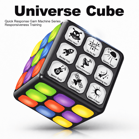 Light-Up Universe Cube, Electronic Reaction Game Cube with 9 Modes, Music & Memory Challenges, USB Rechargeable STEM Toy for Kids Ages 6+