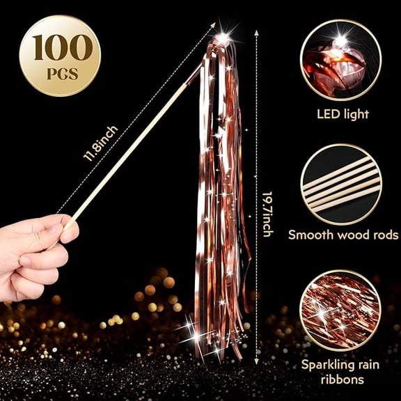 Light Up Wedding Wands 20 pcs, Rose Gold LED Tinsel Streamers for Send-Off, Party Entrance, Cheerleading, Christmas Decor