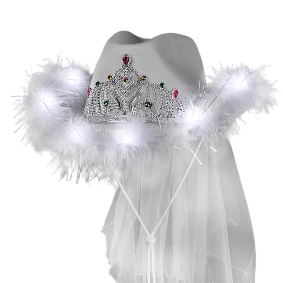 Light Up White Tiara Bridal Cowgirl Hat with Veil for Bachelorette and Bridal Party