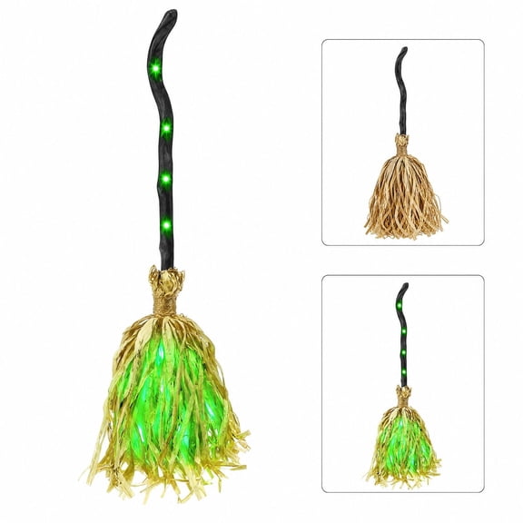 Light Up Witch Broom with Green Led String Lights, Black Handle and Straw Bristles, for Outdoor Yard and Porch Display, Halloween Decoration