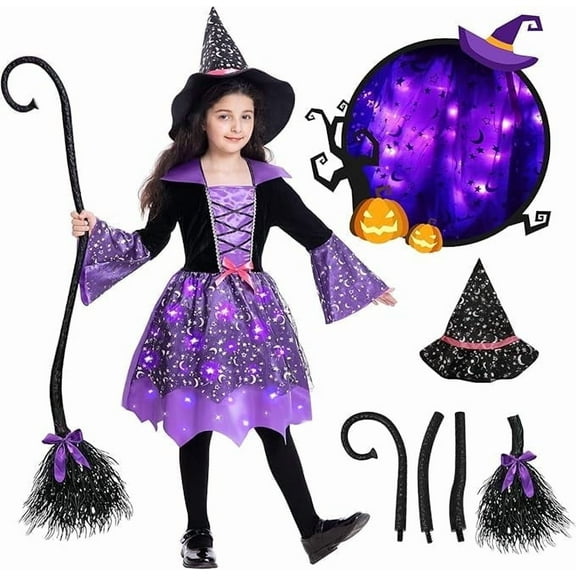 Light Up Witch Costume for Girls, Witch Halloween Costumes with Witch Broom Hat Dress for Halloween Party Gift 3-4 Years