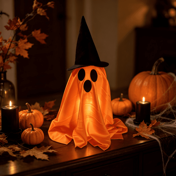 Lighted Witch Hat Standing Ghost Halloween Decor – Cute Fabric Ghost Ornament – Vintage Halloween Decor for Tabletop Indoor Halloween Decor