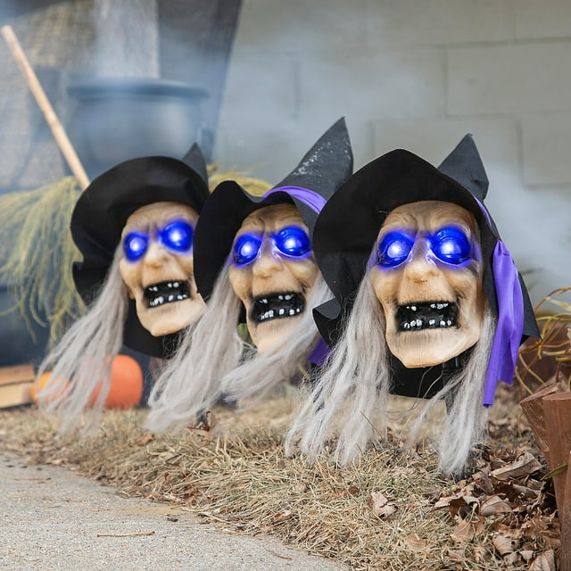 LightUp Witch Head Yard Stake Halloween Decorations 3 Pieces