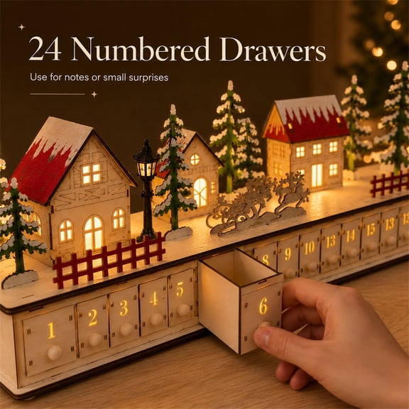 Light-Up Wooden Christmas Village Advent Calendar with 24 Fillable Drawers, 14 Inch LED Holiday Countdown Decoration, Tabletop Christmas Village Display for Holiday DecorSmall