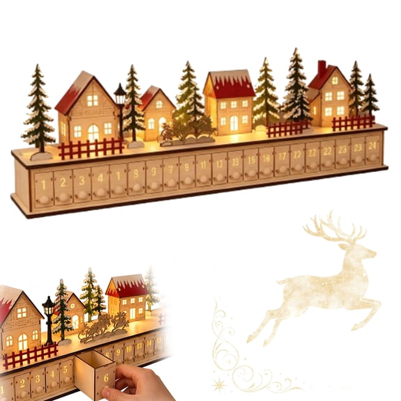 Light-Up Wooden Christmas Village Advent Calendar with 24 Fillable Drawers, Battery Operated LED Holiday Countdown Decoration, Reusable Tabletop Winter Scene Display for Home Decor