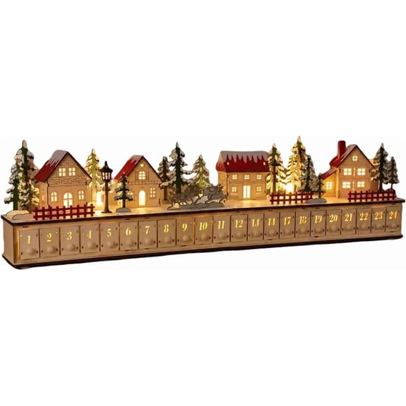Light-Up Wooden Christmas Village Advent Calendar with 24 Fillable Drawers, LED Holiday Countdown Decoration, Reusable Tabletop Christmas Village Display for Family Holiday Decor (1PC)