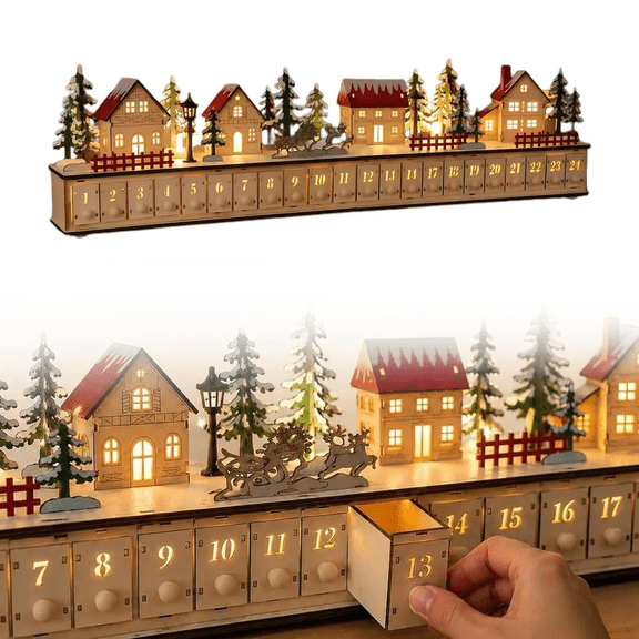Light-Up Wooden Christmas Village Advent Calendar with 24 Fillable Drawers, LED Holiday Countdown Decoration for Family Holiday Decor
