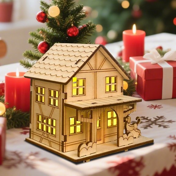 Light-Up Wooden Christmas Village Houses for Crafts, DIY Handcraft House Assembly Decor Kit to Paint, Luminous Xmas Table Centerpieces, Cabin Crafts Figurines, for Holiday Party Ornament