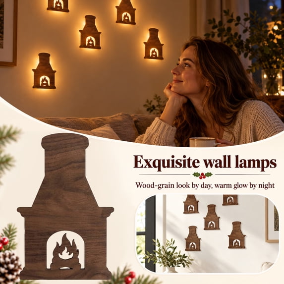 Light-Up Wooden Fireplace Christmas Decor, Rustic Wood Grain Fireplace Lamp, Indoor Decorative Wall Light
