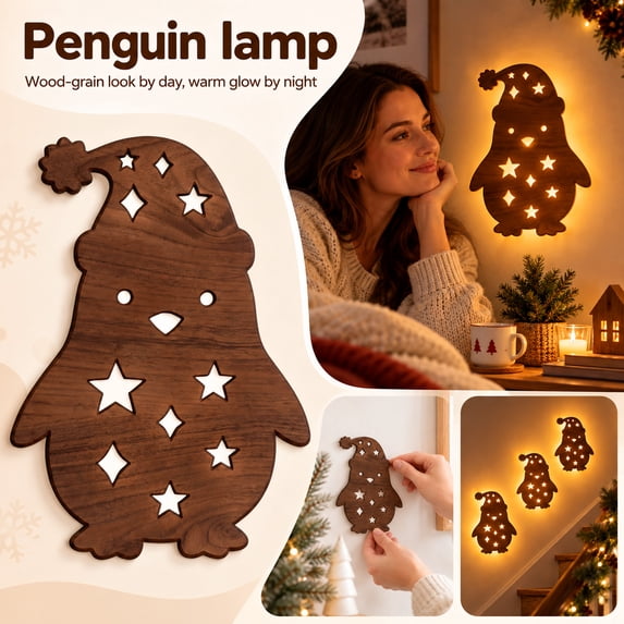 Light-Up Wooden Penguin Christmas Decor, 12Pc Wooden Penguin Led Wall Lamp For Indoor Holiday Decor