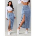 thumbnail image 1 of Light Wash-2 Denim Midi Skirt With Front Button Closure And High Side Slit, 1 of 30