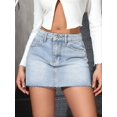 thumbnail image 1 of Light Wash Blue Denim Mini Skirt With Frayed Hem And Slant Pockets, 1 of 30