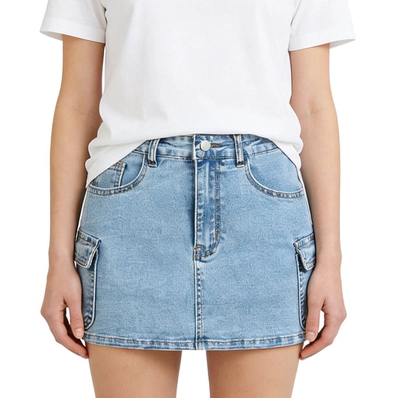 Light Wash Denim Skirt for Girls High Waisted Cargo Mini Skirt with Pockets Button Front Casual Blue Denim Skirt,Size 14-15 T