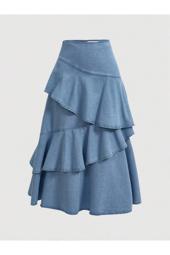 Light Wash Denim Tiered Ruffle Skirt A-Line Mid-Length Casual