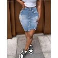 thumbnail image 1 of Light Wash Distressed Button-Front Pencil Skirt With Frayed Hem, 1 of 10