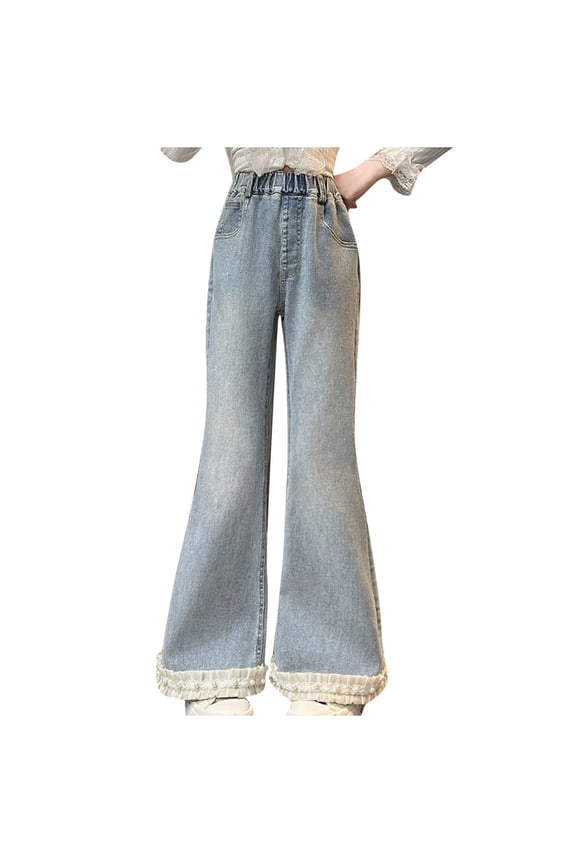 Light Wash Jeans for Girls High Rise Bell Bottom Jeans Pants Lace Ruffle Hem Elastic Waist Pull On Flare-Leg Denim Pants with Pocket for Classroom Wear