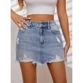 thumbnail image 1 of Light Wash Ripped Distressed Denim Mini Skirt With Frayed Hem And Pockets, 1 of 11