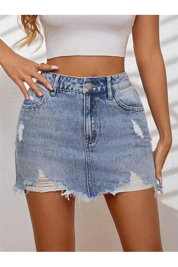 Light Wash Ripped Distressed Denim Mini Skirt With Frayed Hem And Pockets
