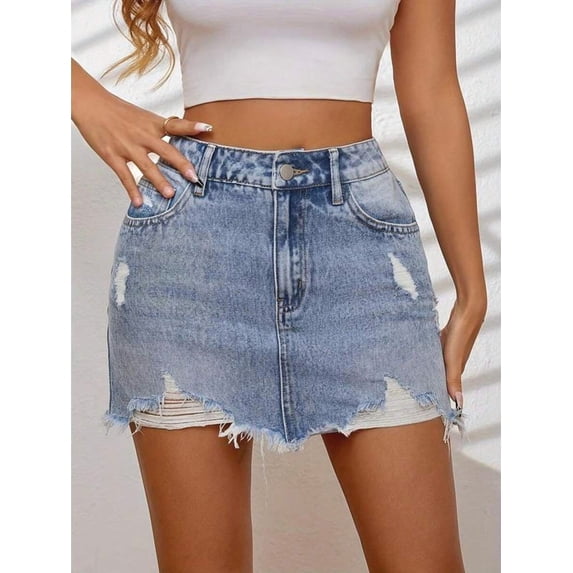 Light Wash Ripped Distressed Denim Mini Skirt With Frayed Hem And Pockets