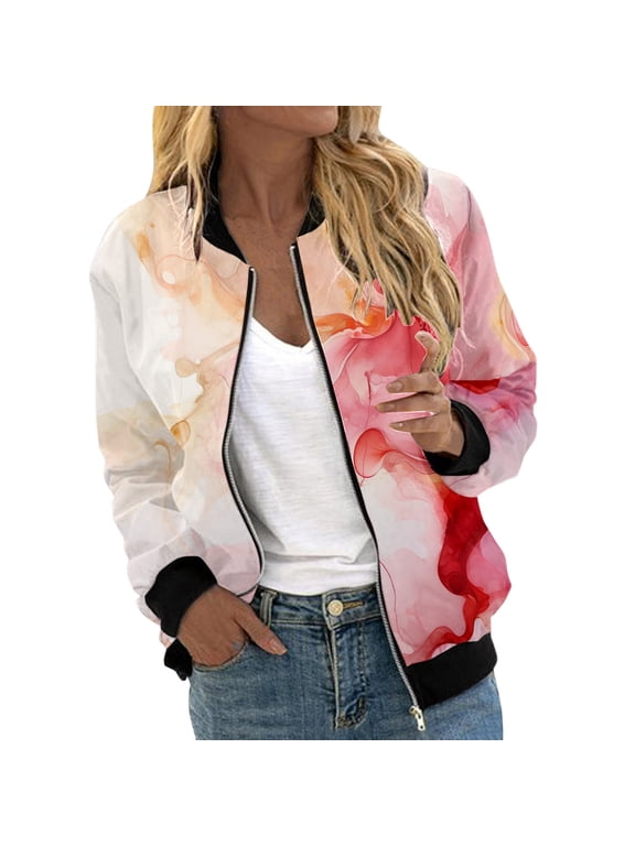 Light Weight Jacket Womens Color Block Floral Print Bomber Vintage Long Sleeve Zipper Windbreaker Trendy Jacket
