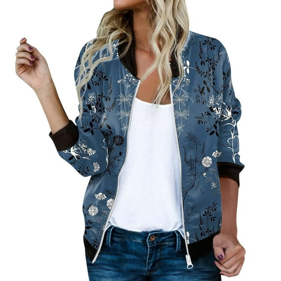 Light Weight Jacket Womens Feather Floral Print Baseball Vintage Long Sleeve Zipper Bomber Lightweight Jacket