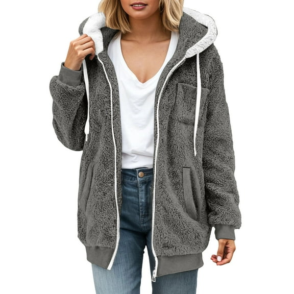 Light Weight Jacket Womens Fuzzy Sherpa Fleece Zipper Drawstring Warm Hoodie With Pocket Oversize Casual Trendy Coat